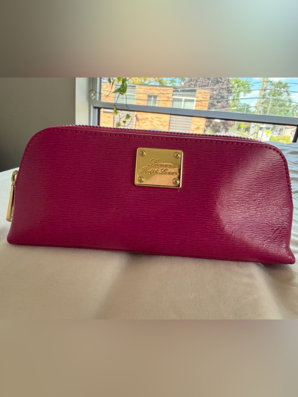 Ralph Lauren Fuchsia Leather Zip Cosmetic Case with Gold Plate